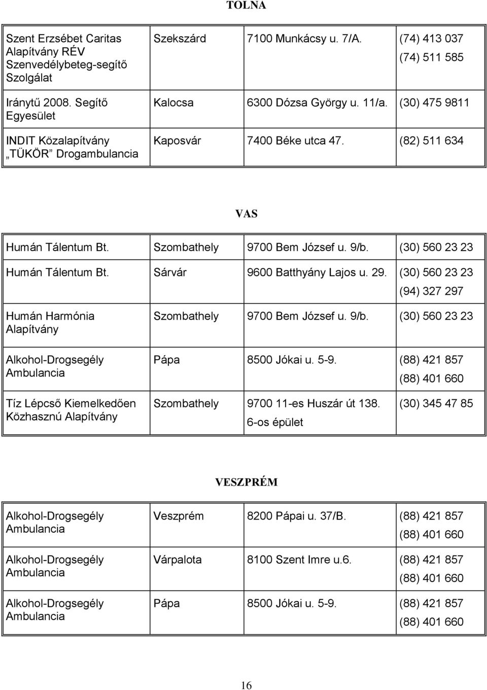 (30) 560 23 23 Humán Tálentum Bt. Sárvár 9600 Batthyány Lajos u. 29. (30) 560 23 23 (94) 327 297 Humán Harmónia Alkohol-Drogsegély Ambulancia Szombathely 9700 Bem József u. 9/b.