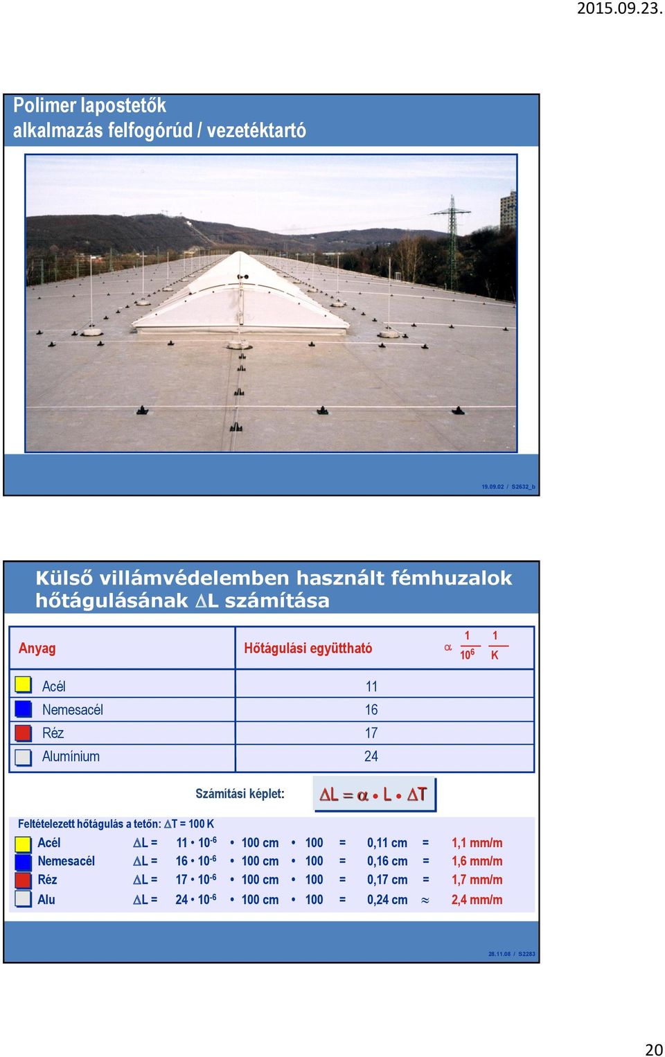 11 Nemesacél 16 Réz 17 Alumínium 24 Számítási képlet: DL L DT Feltételezett hőtágulás a tetőn: DT = 100 K Acél DL = 11 10-6 100