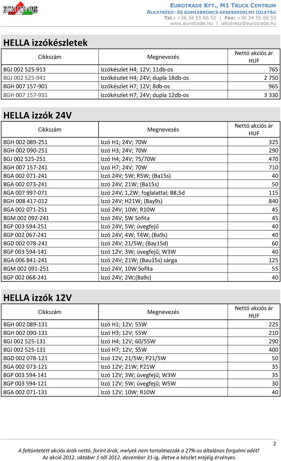 002071-241 Izzó 24V; 5W; R5W; (Ba15s) 40 8GA 002073-241 Izzó 24V; 21W; (Ba15s) 50 8GA 007997-071 Izzó 24V; 1,2W; foglalattal; B8,5d 115 8GH 008417-012 Izzó 24V; H21W; (Bay9s) 840 8GA 002071-251 Izzó