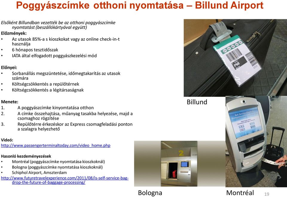 Költségcsökkentés a légitársaságnak Menete: 1. A poggyászcímke kinyomtatása otthon 2. A címke összehajtása, műanyag tasakba helyezése, majd a csomaghoz rögzítése 3.