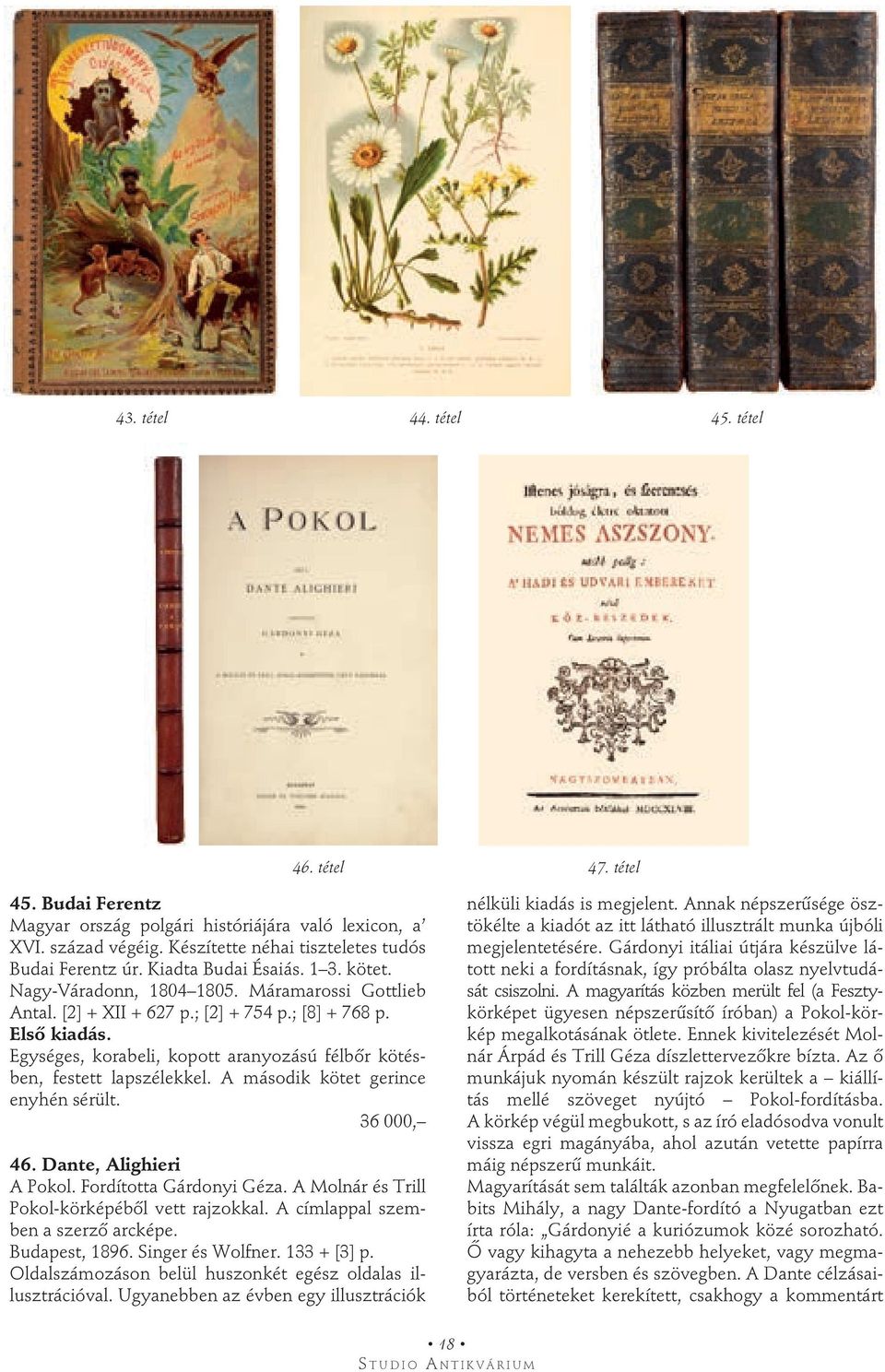 Egységes, korabeli, kopott aranyozású félbőr kötésben, festett lapszélekkel. A második kötet gerince enyhén sérült. 36 000, 46. Dante, Alighieri A Pokol. Fordította Gárdonyi Géza.