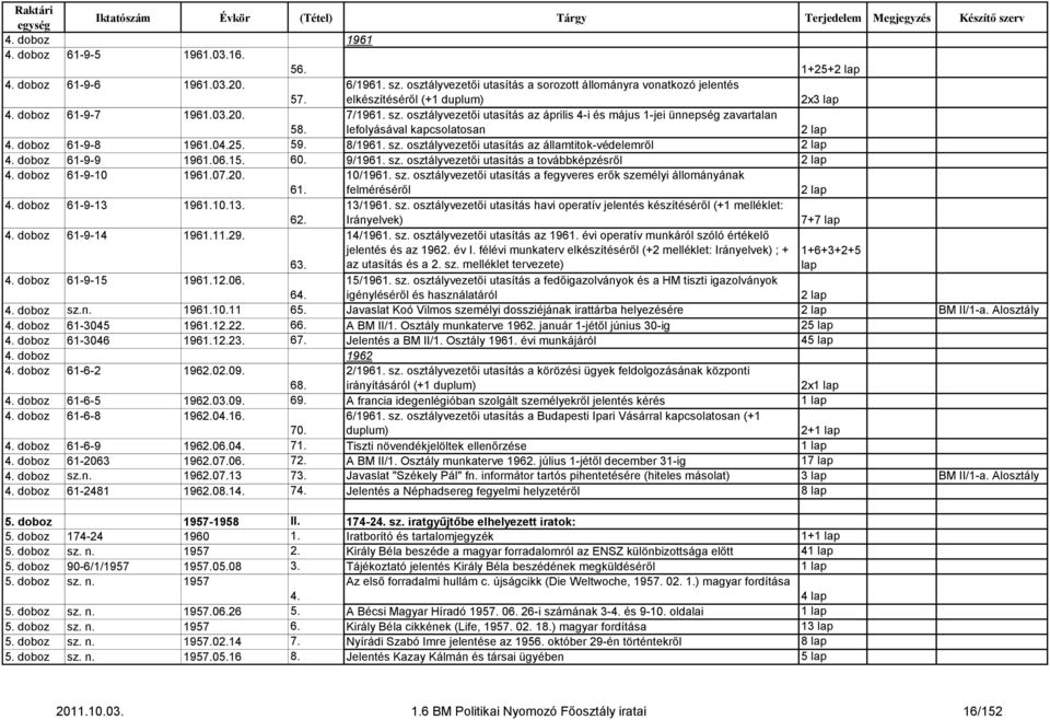 doboz 61-9-8 1961.04.25. 59. 8/1961. sz. osztályvezetői utasítás az államtitok-védelemről 2 lap 4. doboz 61-9-9 1961.06.15. 60. 9/1961. sz. osztályvezetői utasítás a továbbképzésről 2 lap 4.