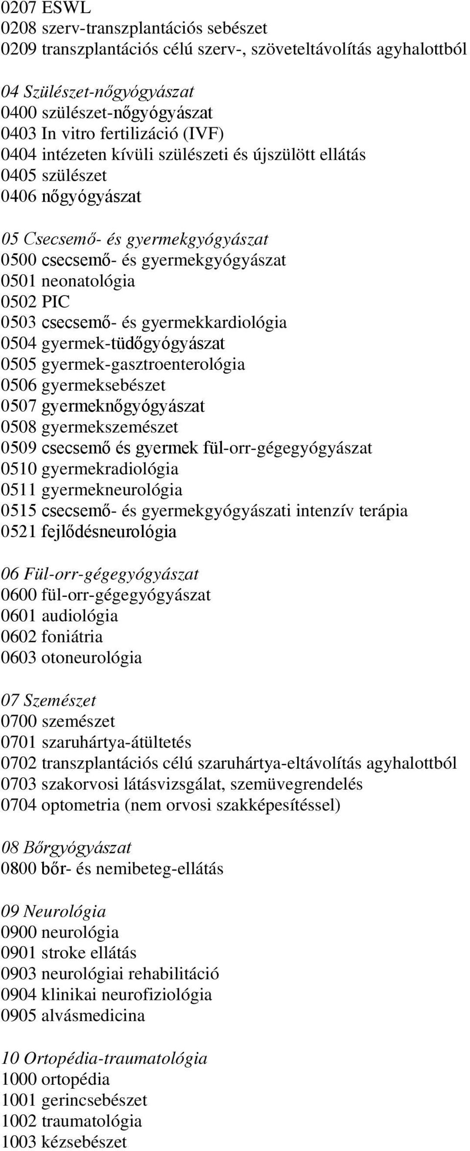 és gyermekkardiológia 0504 gyermek-tüdőgyógyászat 0505 gyermek-gasztroenterológia 0506 gyermeksebészet 0507 gyermeknőgyógyászat 0508 gyermekszemészet 0509 csecsemő és gyermek fül-orr-gégegyógyászat