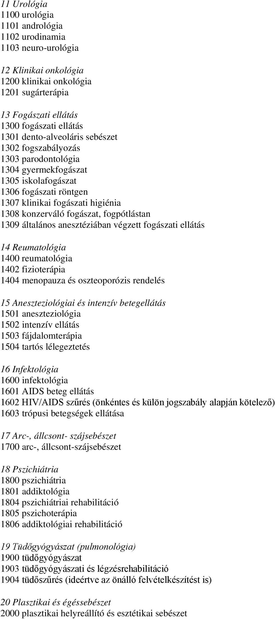 fogpótlástan 1309 általános anesztéziában végzett fogászati ellátás 14 Reumatológia 1400 reumatológia 1402 fizioterápia 1404 menopauza és oszteoporózis rendelés 15 Aneszteziológiai és intenzív