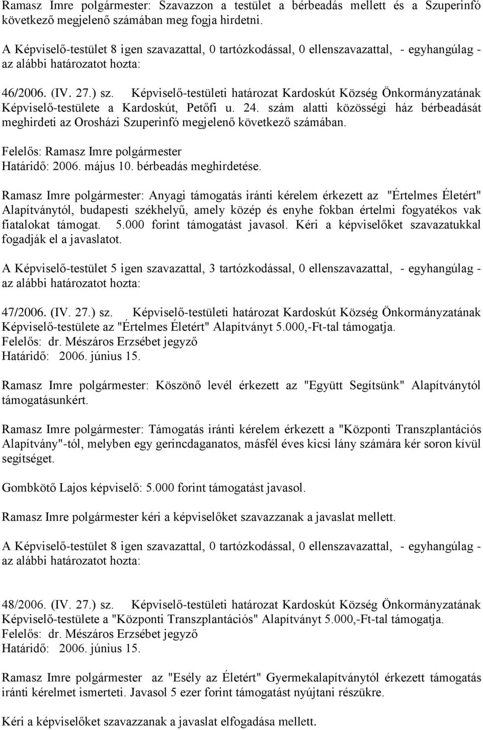 szám alatti közösségi ház bérbeadását meghirdeti az Orosházi Szuperinfó megjelenő következő számában. Felelős: Ramasz Imre polgármester Határidő: 2006. május 10. bérbeadás meghirdetése.