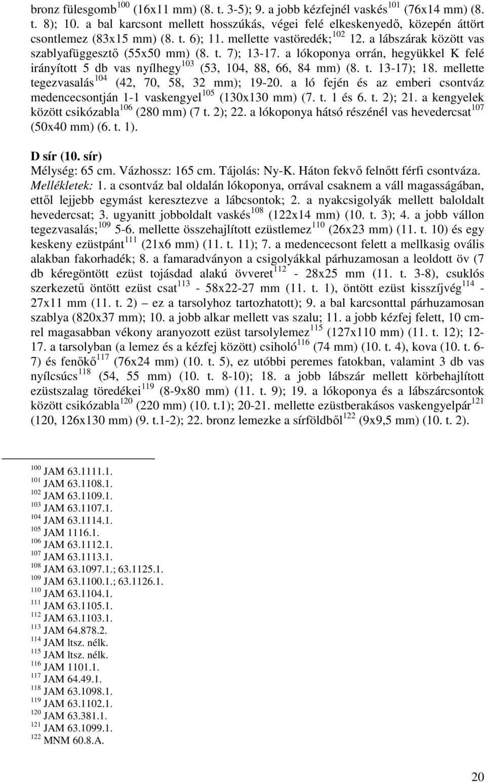 a lókoponya orrán, hegyükkel K felé irányított 5 db vas nyílhegy 103 (53, 104, 88, 66, 84 mm) (8. t. 13-17); 18. mellette tegezvasalás 104 (42, 70, 58, 32 mm); 19-20.