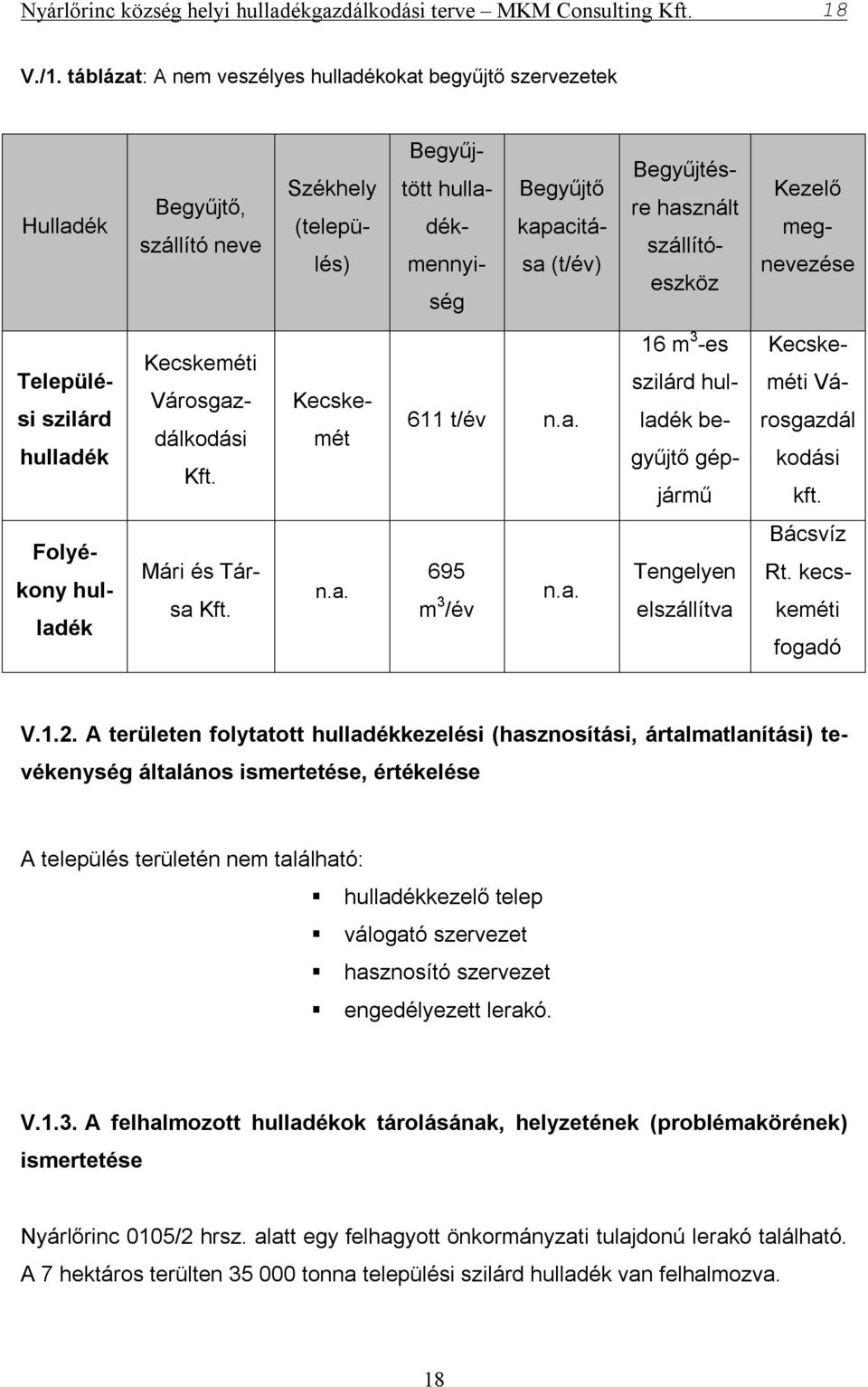 megnevezése Települési szilárd Kecskeméti Városgazdálkodási Kft. Kecskemét 611 t/év n.a. 16 m 3 -es szilárd begyűjtő gépjármű Kecskeméti Városgazdál kodási kft. Folyékony Mári és Társa Kft. n.a. 695 m 3 /év n.