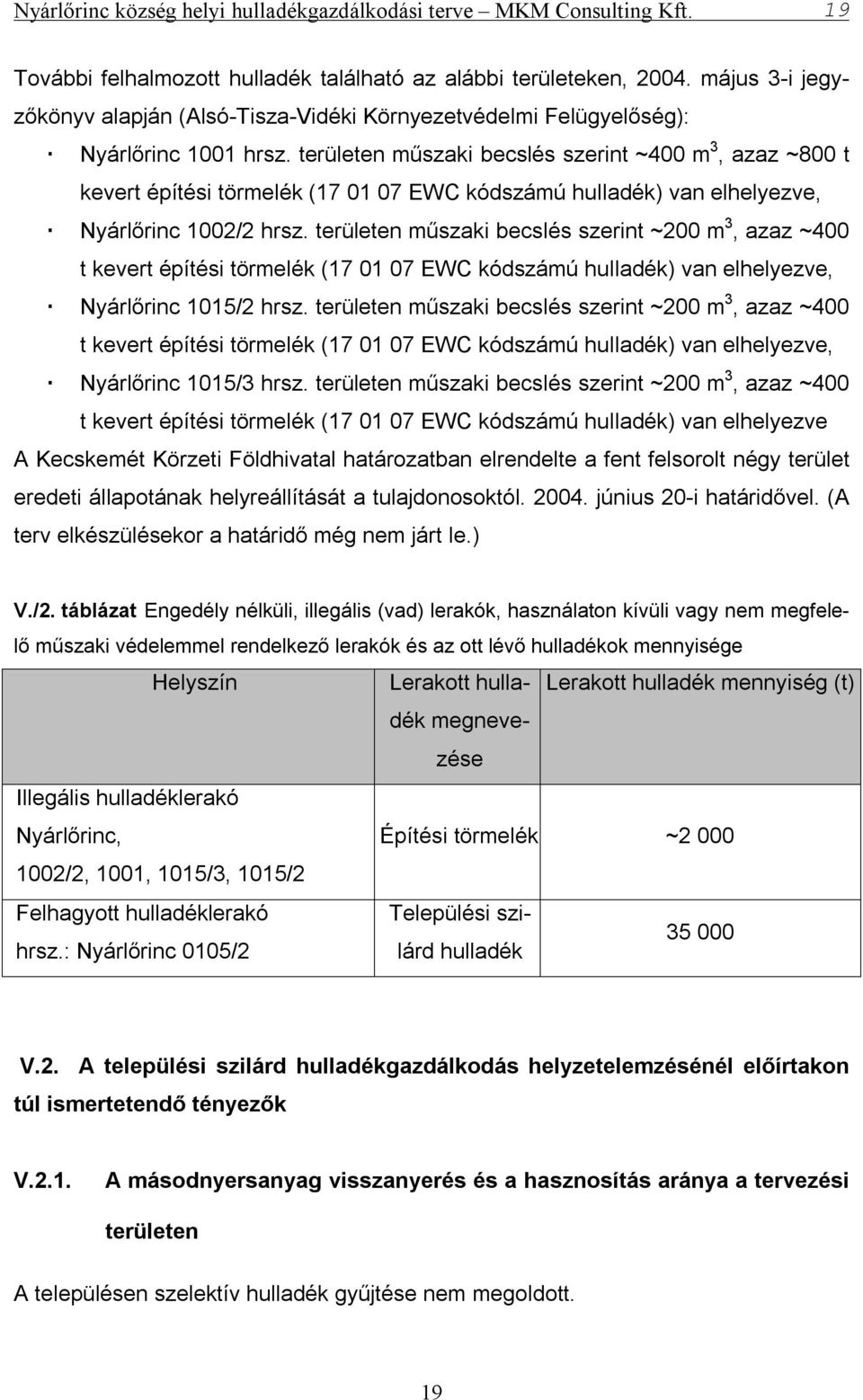 területen műszaki becslés szerint ~200 m 3, azaz ~400 t kevert építési törmelék (17 01 07 EWC kódszámú ) van elhelyezve, Nyárlőrinc 1015/2 hrsz.
