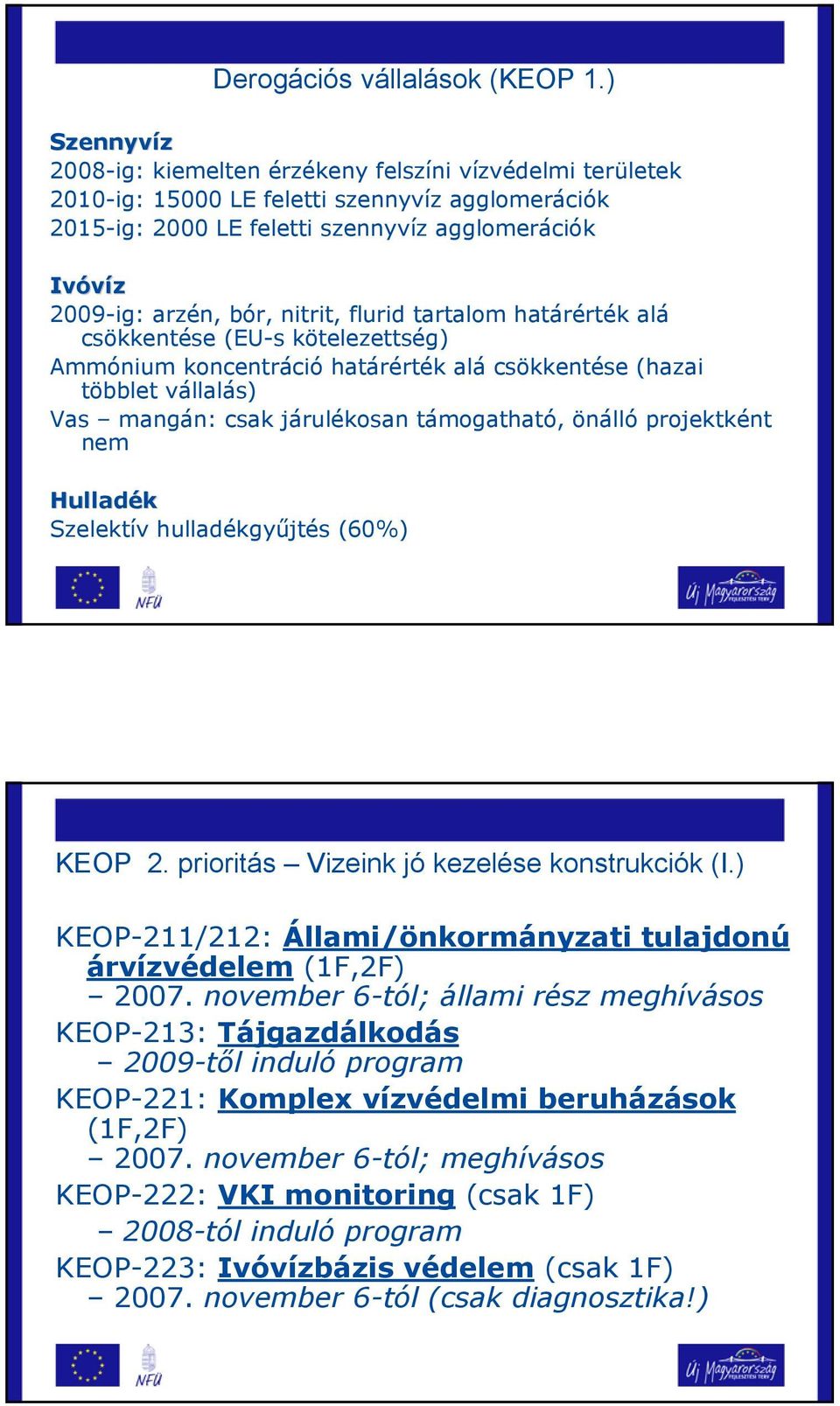 nitrit, flurid tartalom határérték alá csökkentése (EU-s kötelezettség) Ammónium koncentráció határérték alá csökkentése (hazai többlet vállalás) Vas mangán: csak járulékosan támogatható, önálló