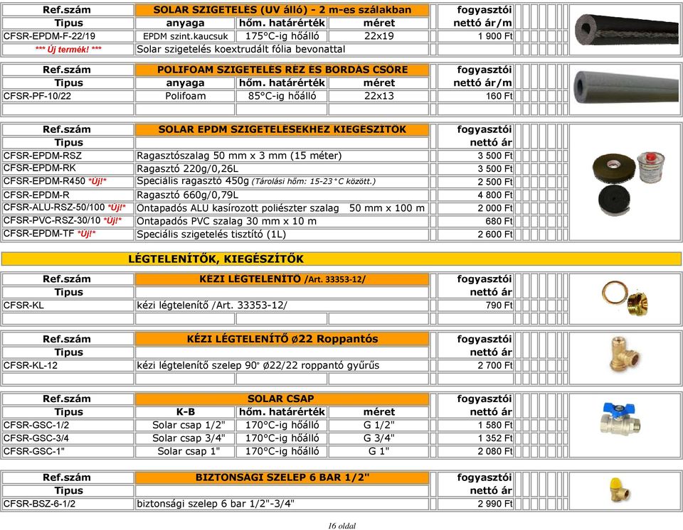 határérték méret /m CFSR-PF-10/22 Polifoam 85 C-ig hőálló 22x13 160 Ft SOLAR EPDM SZIGETELÉSEKHEZ KIEGÉSZÍTŐK CFSR-EPDM-RSZ Ragasztószalag 50 mm x 3 mm (15 méter) 3 500 Ft CFSR-EPDM-RK Ragasztó