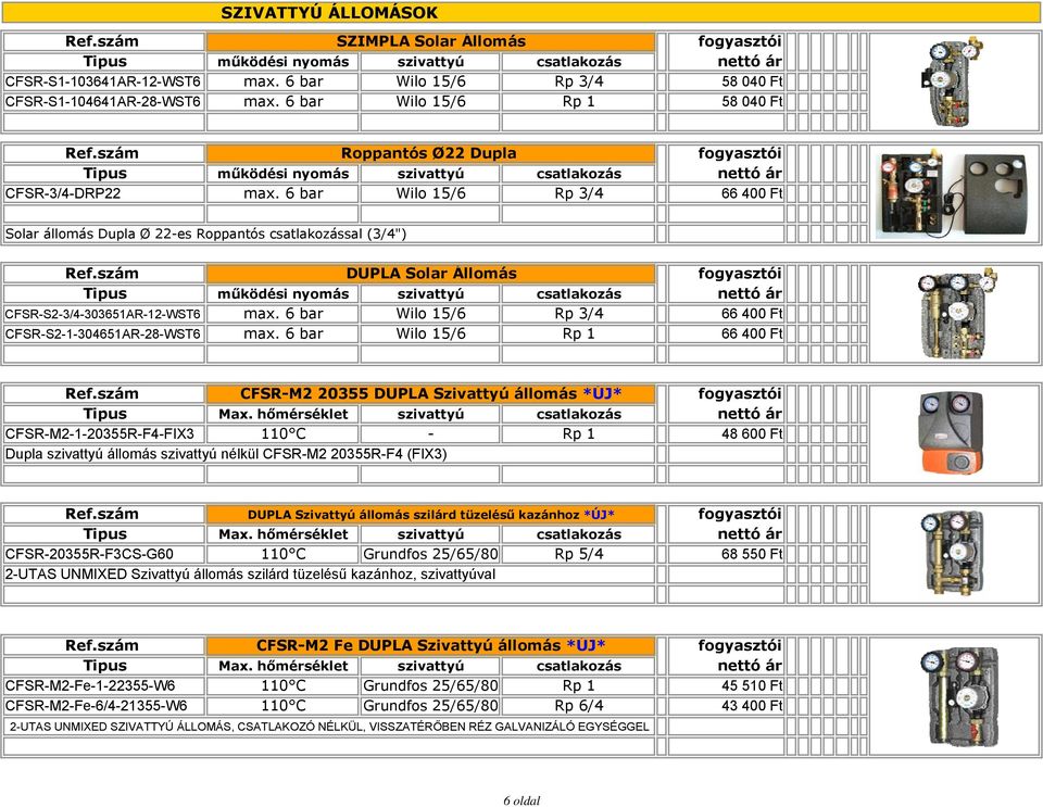6 bar Wilo 15/6 Rp 3/4 66 400 Ft Solar állomás Dupla Ø 22-es Roppantós csatlakozással (3/4") DUPLA Solar Állomás működési nyomás szivattyú csatlakozás CFSR-S2-3/4-303651AR-12-WST6 max.