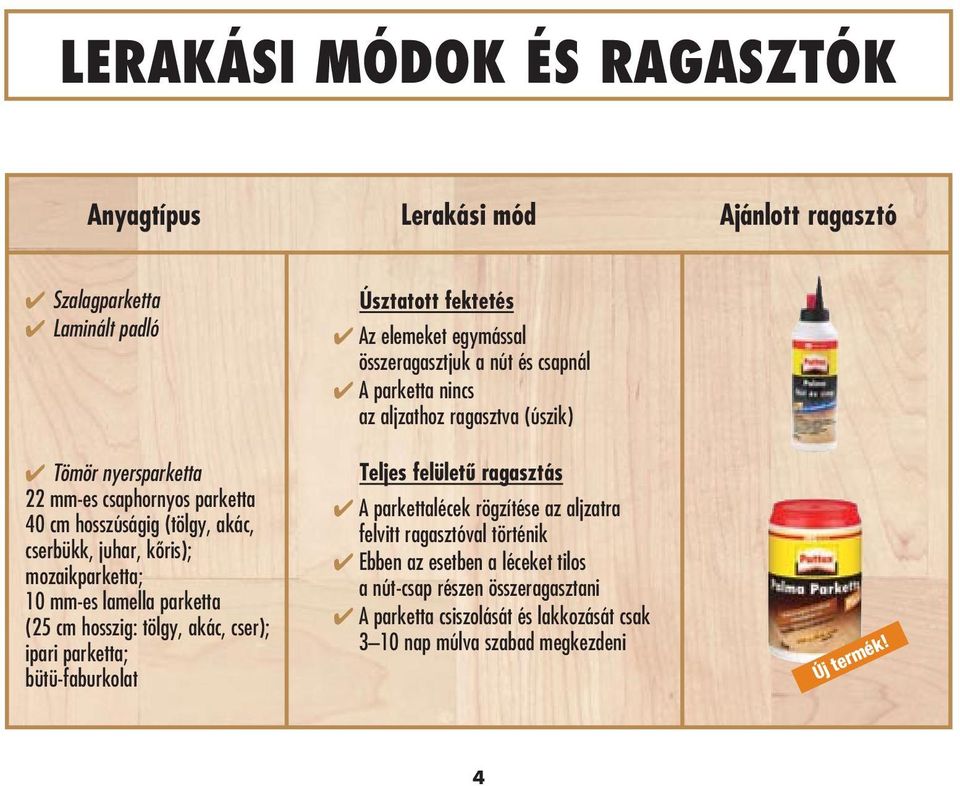 elemeket egymással összeragasztjuk a nút és csapnál A parketta nincs az aljzathoz ragasztva (úszik) Teljes felületû ragasztás A parkettalécek rögzítése az aljzatra