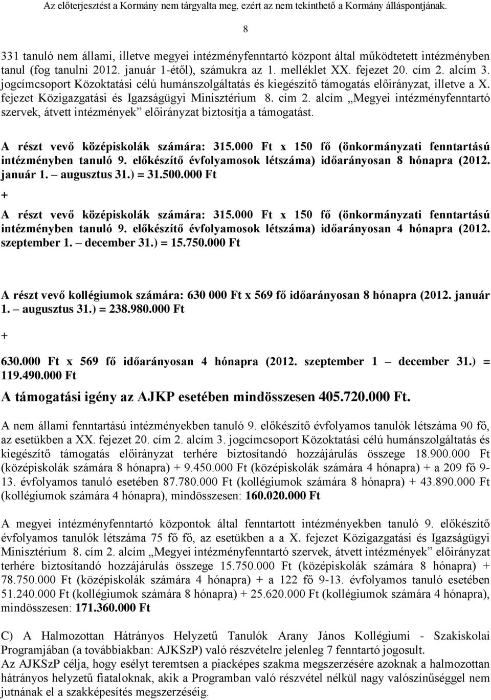 alcím Megyei intézményfenntartó szervek, átvett intézmények előirányzat biztosítja a támogatást. A részt vevő középiskolák számára: 315.