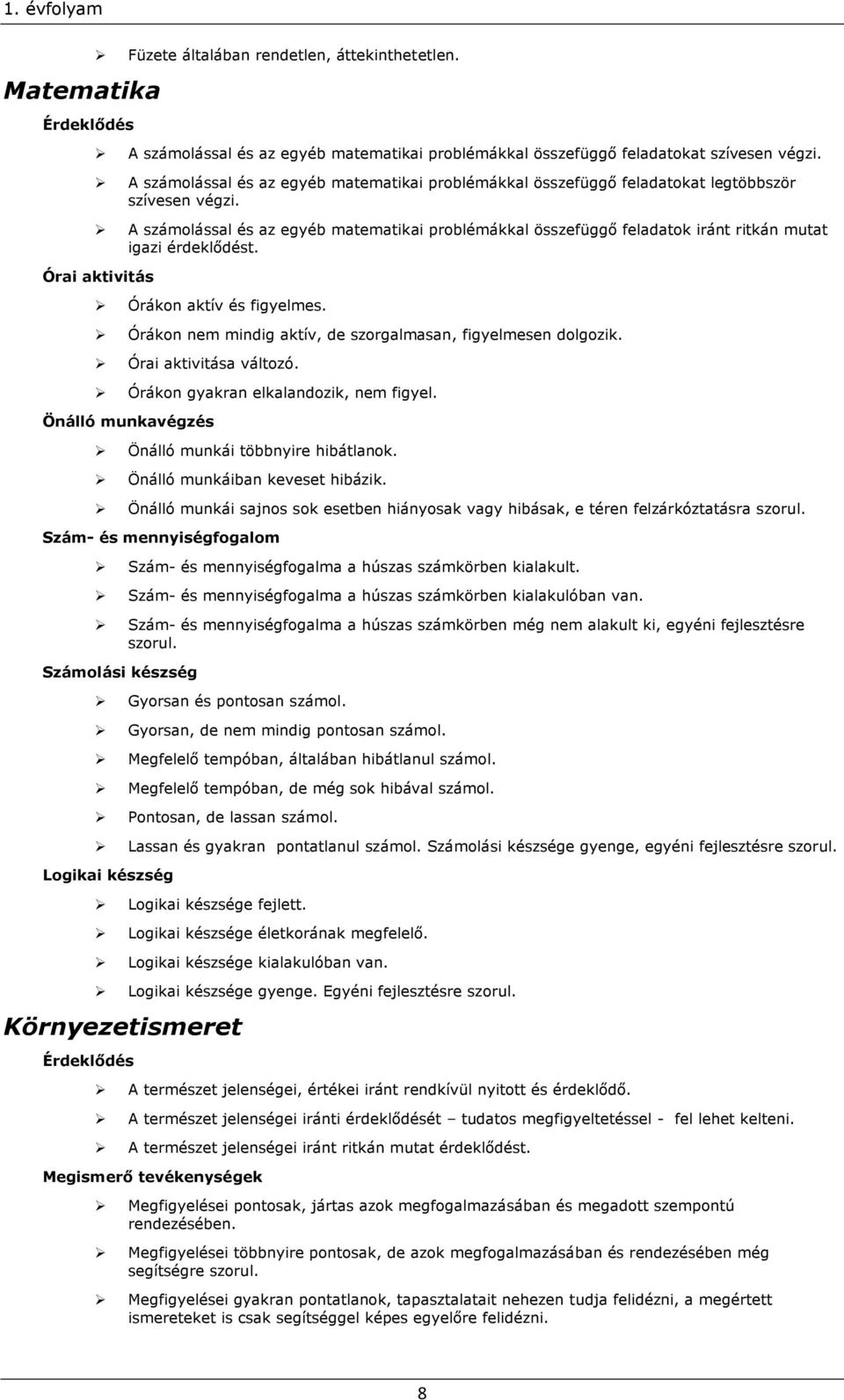 A számolással és az egyéb matematikai problémákkal összefüggő feladatok iránt ritkán mutat igazi érdeklődést. Órai aktivitás Órákon aktív és figyelmes.