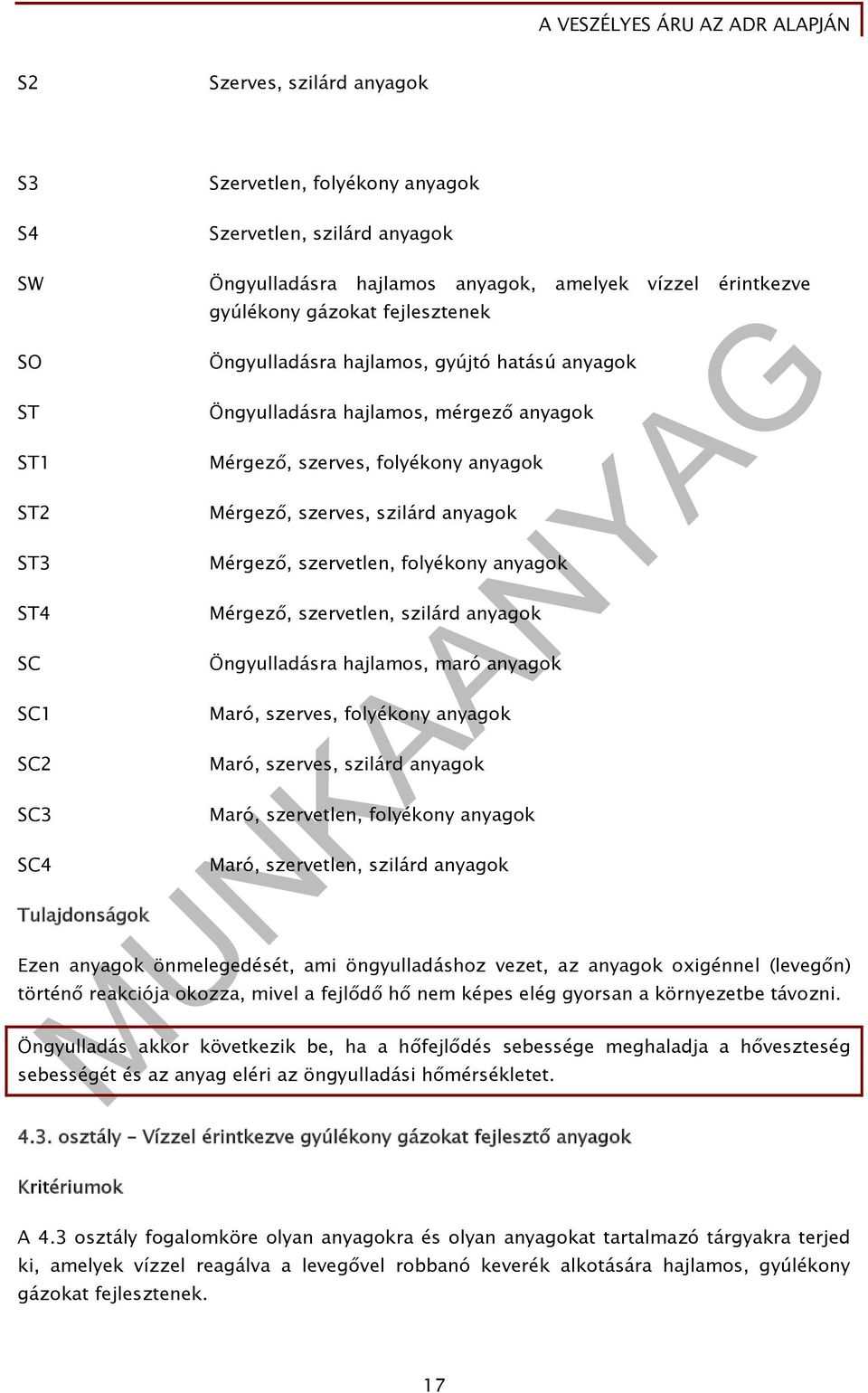 anyagok Mérgező, szervetlen, folyékony anyagok Mérgező, szervetlen, szilárd anyagok Öngyulladásra hajlamos, maró anyagok Maró, szerves, folyékony anyagok Maró, szerves, szilárd anyagok Maró,