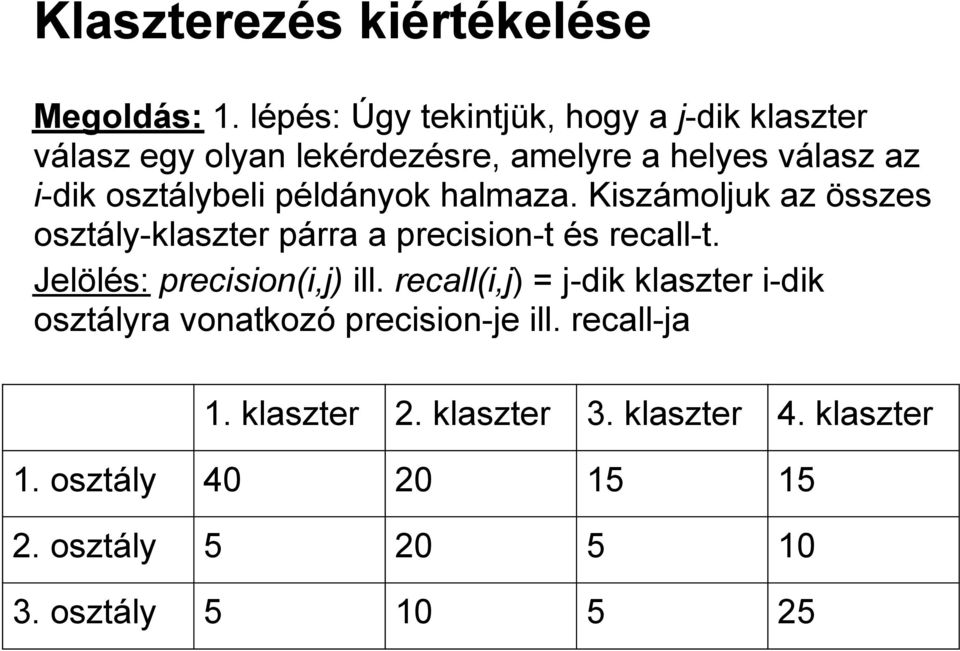 osztálybeli példányok halmaza. Kiszámoljuk az összes osztály-klaszter párra a precision-t és recall-t.