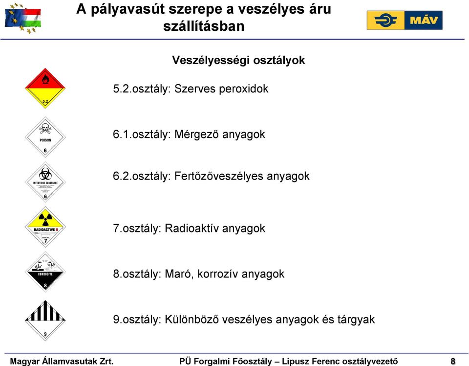 osztály: Radioaktív anyagok 8.osztály: Maró, korrozív anyagok 9.