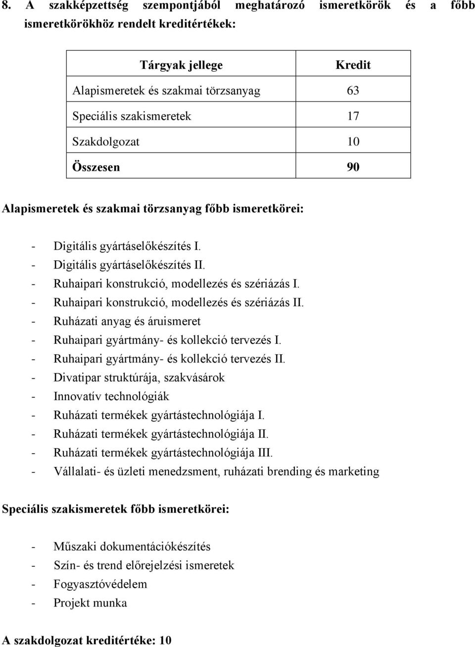 - Ruhaipari konstrukció, modellezés és szériázás I. - Ruhaipari konstrukció, modellezés és szériázás II. - Ruházati anyag és áruismeret - Ruhaipari gyártmány- és kollekció tervezés I.