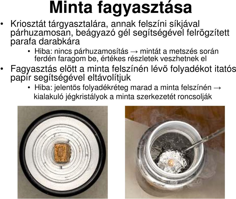 részletek veszhetnek el Fagyasztás előtt a minta felszínén lévő folyadékot itatós papír segítségével