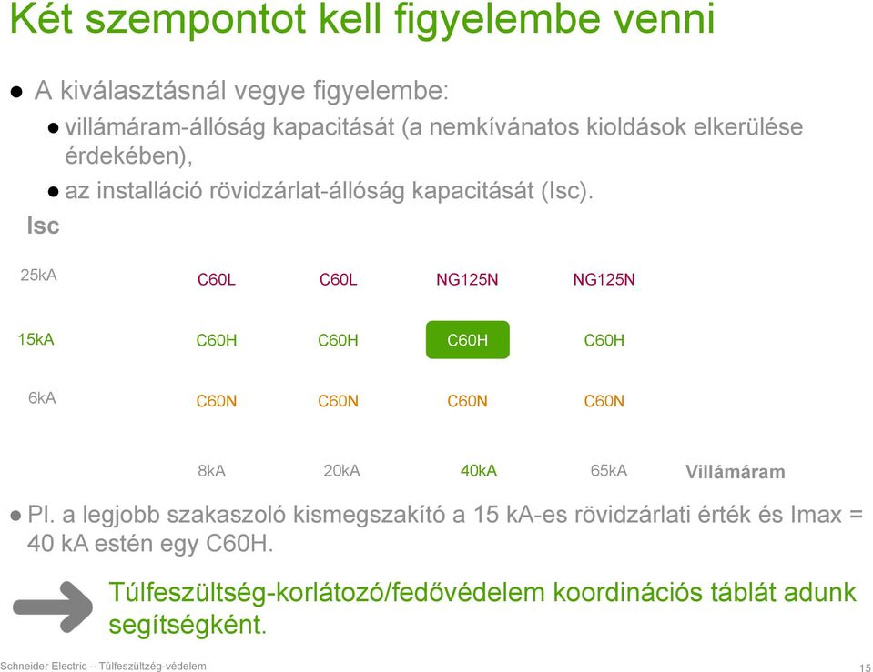 Isc 25kA C60L C60L NG125N NG125N 15kA C60H C60H C60H C60H 6kA C60N C60N C60N C60N 8kA 20kA 40kA 65kA Villámáram Pl.