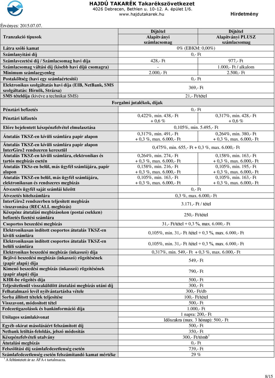 438,- Ft 0,317%, min. 428,- Ft 0,317%, min. 491,- Ft 0,264%, min. 38 + 0,3 %, max. 6.00 + 0,3 %, max. 6.00 InterGiro2 rendszeren keresztül 0,475%, min. 655,- Ft + 0,3 %, max. 6.00 Átutalás TKSZ-en kívüli számlára, elektronikus és tartós megbízás esetén 0,264%, min.