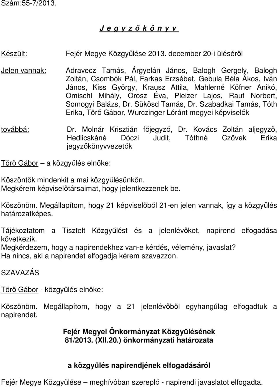 Omischl Mihály, Orosz Éva, Pleizer Lajos, Rauf Norbert, Somogyi Balázs, Dr. Sükösd Tamás, Dr. Szabadkai Tamás, Tóth Erika, Törı Gábor, Wurczinger Lóránt megyei képviselık Dr.