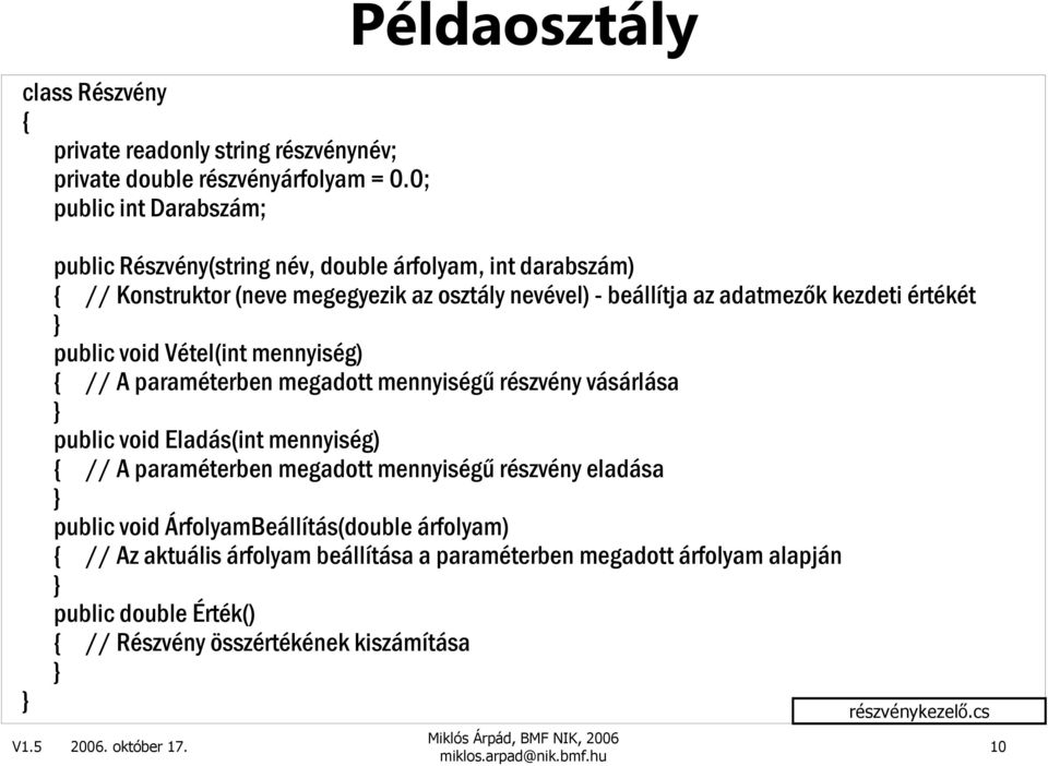 adatmezık kezdeti értékét public void Vétel(int mennyiség) // A paraméterben megadott mennyiségő részvény vásárlása public void Eladás(int mennyiség) // A paraméterben