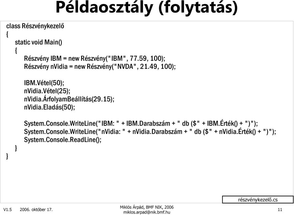 árfolyambeállítás(29.15); nvidia.eladás(50); System.Console.WriteLine("IBM: " + IBM.Darabszám + " db ($" + IBM.