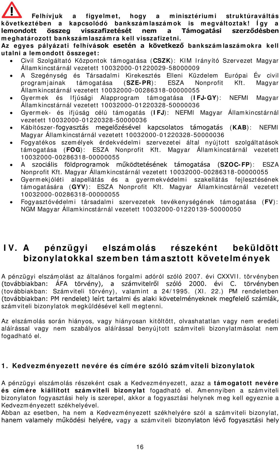 Az egyes pályázati felhívások esetén a következő bankszámlaszámokra kell utalni a lemondott összeget: Civil Szolgáltató Központok támogatása (CSZK): KIM Irányító Szervezet Magyar Államkincstárnál