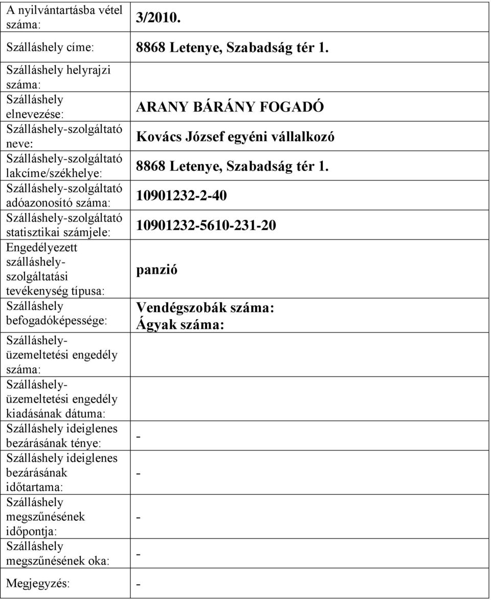 ideiglenes Megjegyzés: ARANY BÁRÁNY FOGADÓ Kovács József egyéni