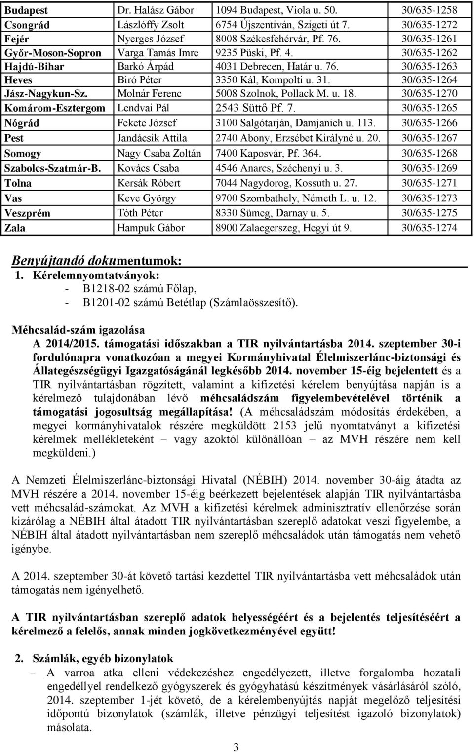 30/635-1264 Jász-Nagykun-Sz. Molnár Ferenc 5008 Szolnok, Pollack M. u. 18. 30/635-1270 Komárom-Esztergom Lendvai Pál 2543 Süttő Pf. 7. 30/635-1265 Nógrád Fekete József 3100 Salgótarján, Damjanich u.