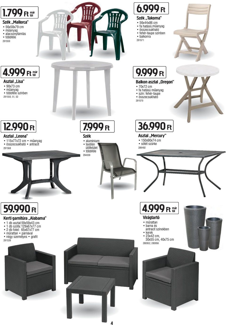 990 Ft Asztal Leona 115x77x72 cm műanyag összecsukható antracit 291568 7.999 Ft Szék alumínium textilén ülőfelület többféle 294039 36.990 Ft Asztal Mercury 150x90x74 cm sötét szürke 289492 59.