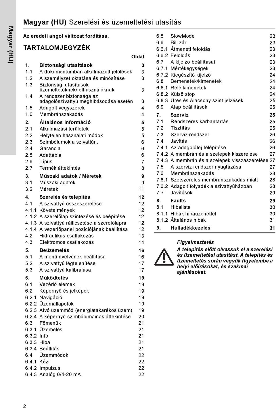 6 Membránszakadás 4 2. Általános információ 5 2.1 Alkalmazási területek 5 2.2 Helytelen használati módok 5 2.3 Szimbólumok a szivattún. 6 2.4 Garancia 6 2.5 Adattábla 6 2.6 Típus 7 2.