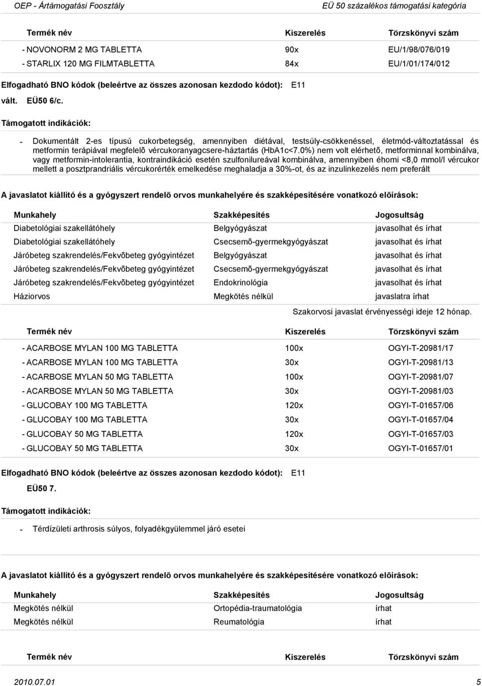 0%) nem volt elérhetõ, metforminnal kombinálva, vagy metforminintolerantia, kontraindikáció esetén szulfonilureával kombinálva, amennyiben éhomi <8,0 mmol/l vércukor mellett a posztprandriális