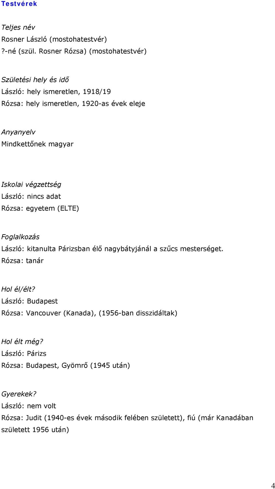 Iskolai végzettség László: nincs adat Rózsa: egyetem (ELTE) Foglalkozás László: kitanulta Párizsban élő nagybátyjánál a szűcs mesterséget.