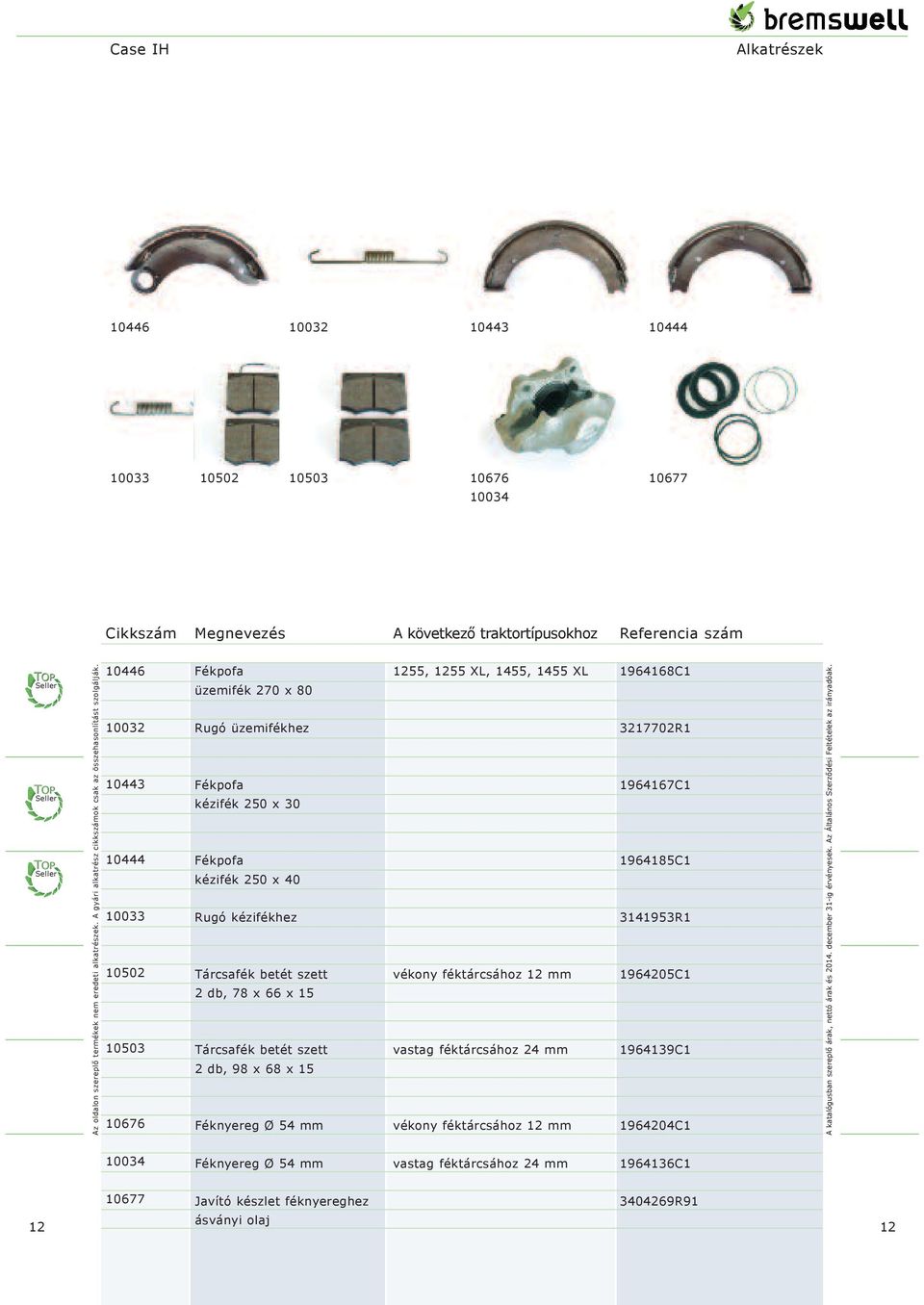 x 15 Féknyereg Ø 54 mm 1255, 1255 XL, 1455, 1455 XL vékony féktárcsához 12 mm vastag féktárcsához 24 mm vékony féktárcsához 12 mm 1964168C1 3217702R1