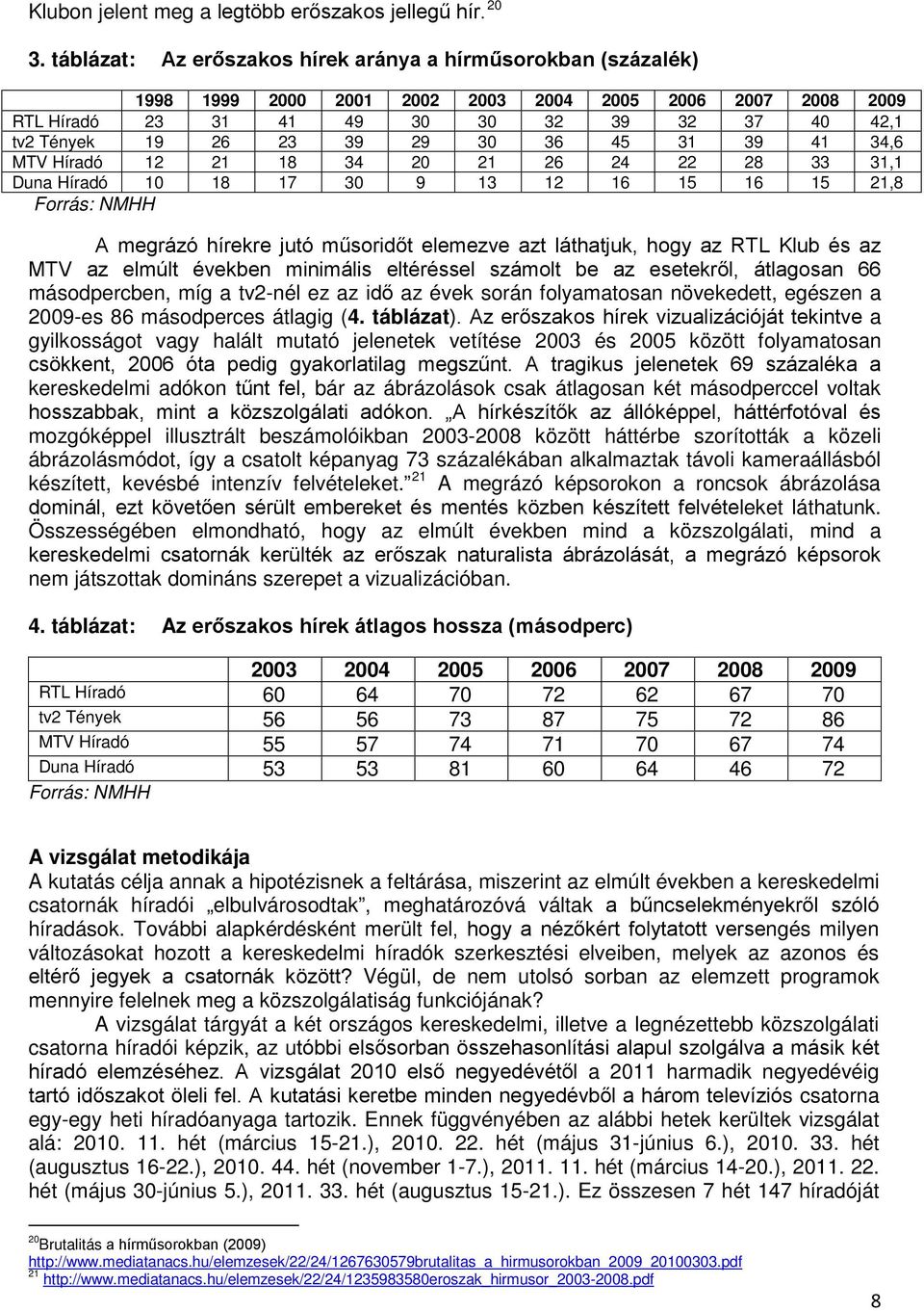 30 36 45 31 39 41 34,6 MTV Híradó 12 21 18 34 20 21 26 24 22 28 33 31,1 Duna Híradó 10 18 17 30 9 13 12 16 15 16 15 21,8 Forrás: NMHH A megrázó hírekre jutó műsoridőt elemezve azt láthatjuk, hogy az