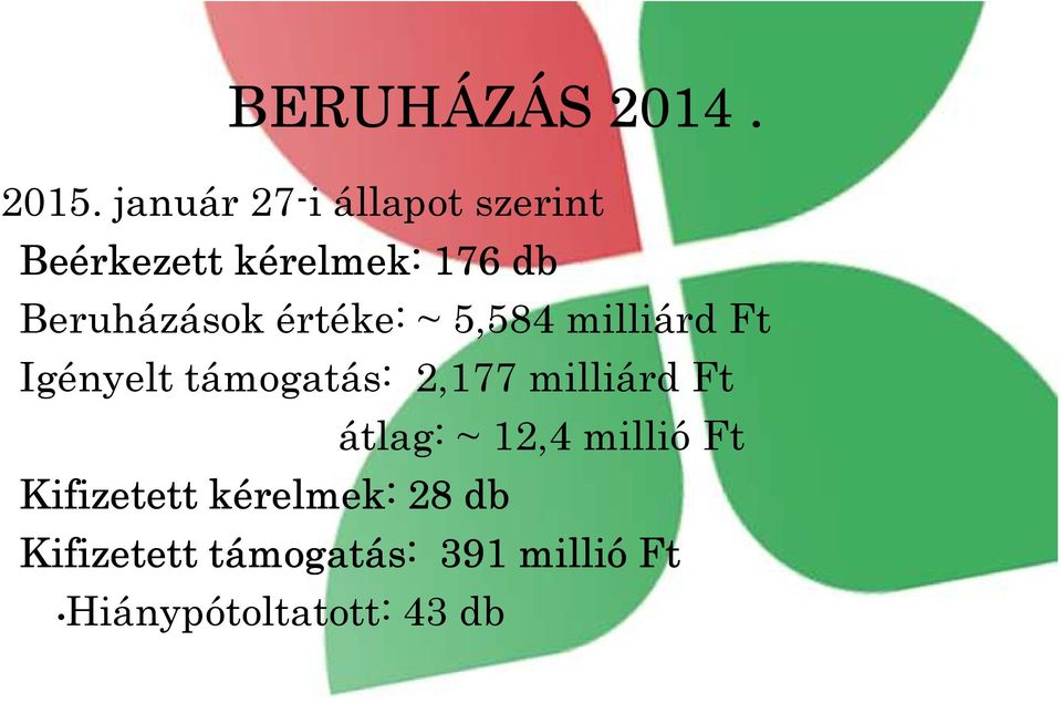 Beruházások értéke: ~ 5,584 milliárd Ft Igényelt támogatás: 2,177