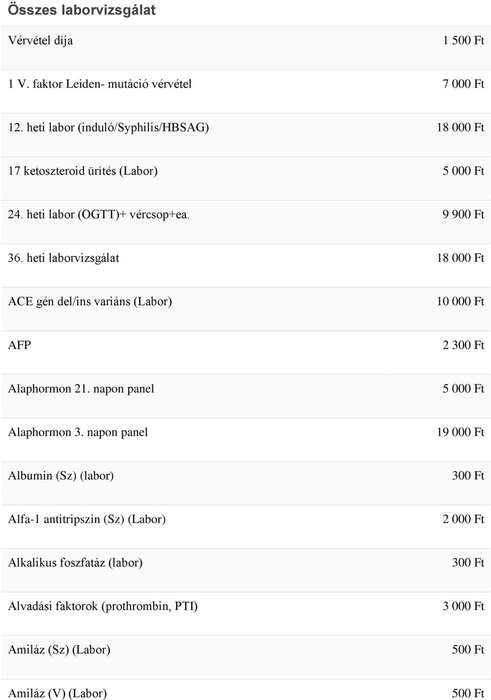 heti laborvizsgálat 18 000 Ft ACE gén del/ins variáns (Labor) AFP 2 Alaphormon 21. napon panel Alaphormon 3.