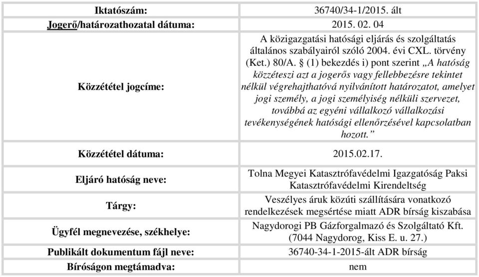 személyiség nélküli szervezet, továbbá az egyéni vállalkozó vállalkozási tevékenységének hatósági ellenőrzésével kapcsolatban hozott. Közzététel dátuma: 2015.02.17.