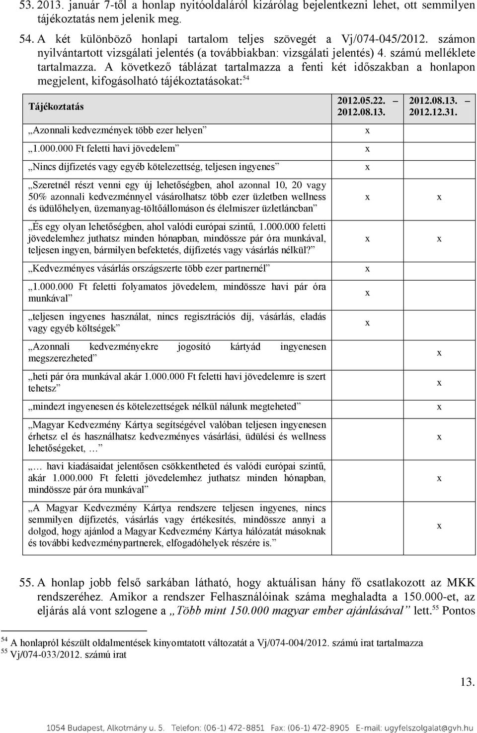 A következő táblázat tartalmazza a fenti két időszakban a honlapon megjelent, kifogásolható tájékoztatásokat: 54 Tájékoztatás Azonnali kedvezmények több ezer helyen 2012.05.22. 2012.08.13. 1.000.