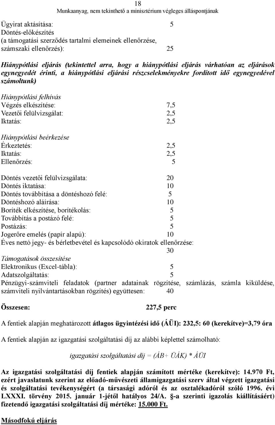 Iktatás: 2,5 Hiánypótlási beérkezése Érkeztetés: 2,5 Iktatás: 2,5 Ellenőrzés: 5 Döntés vezetői felülvizsgálata: 20 Döntés iktatása: 10 Döntés továbbítása a döntéshozó felé: 5 Döntéshozó aláírása: 10