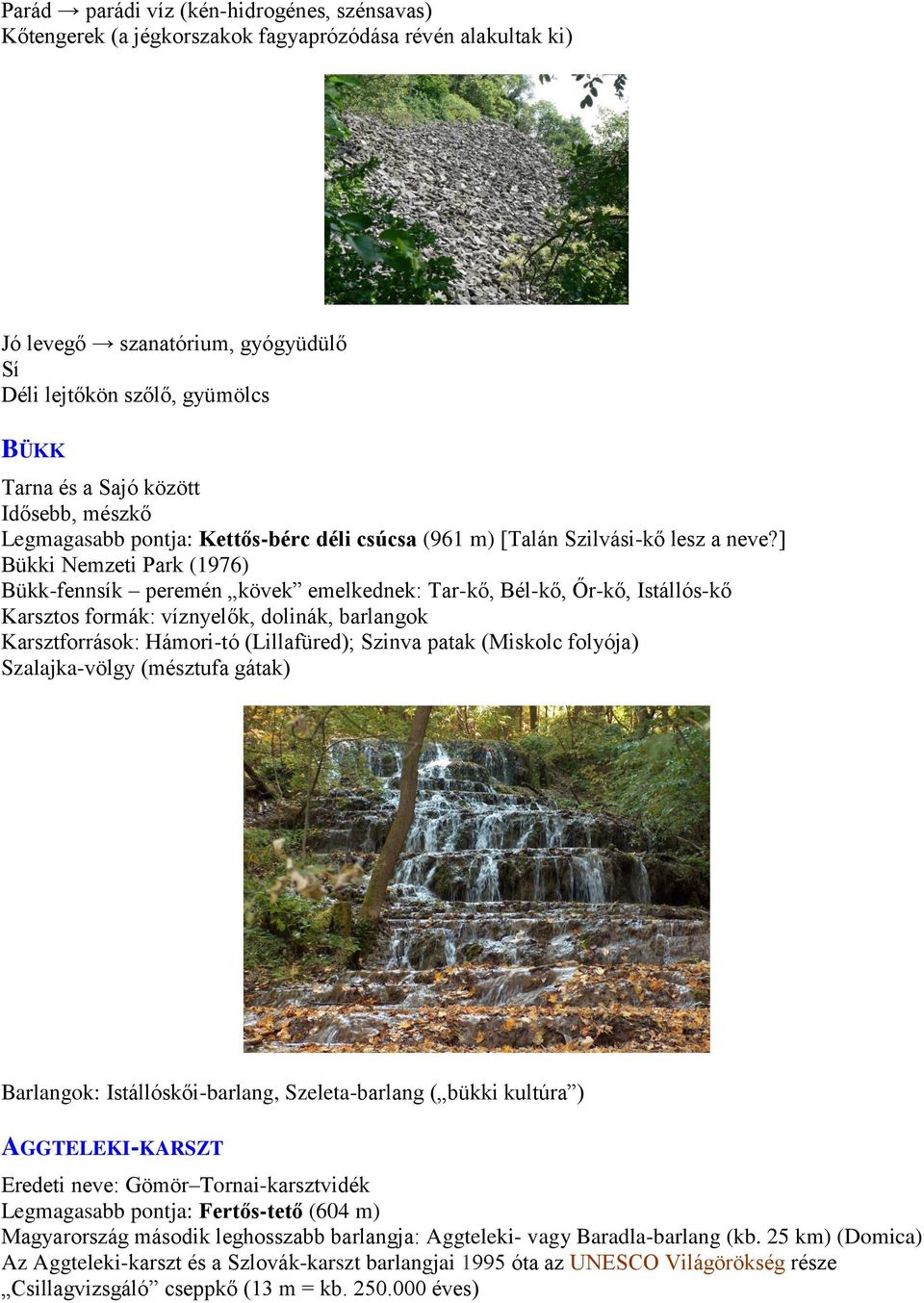 ] Bükki Nemzeti Park (1976) Bükk-fennsík peremén kövek emelkednek: Tar-kő, Bél-kő, Őr-kő, Istállós-kő Karsztos formák: víznyelők, dolinák, barlangok Karsztforrások: Hámori-tó (Lillafüred); Szinva
