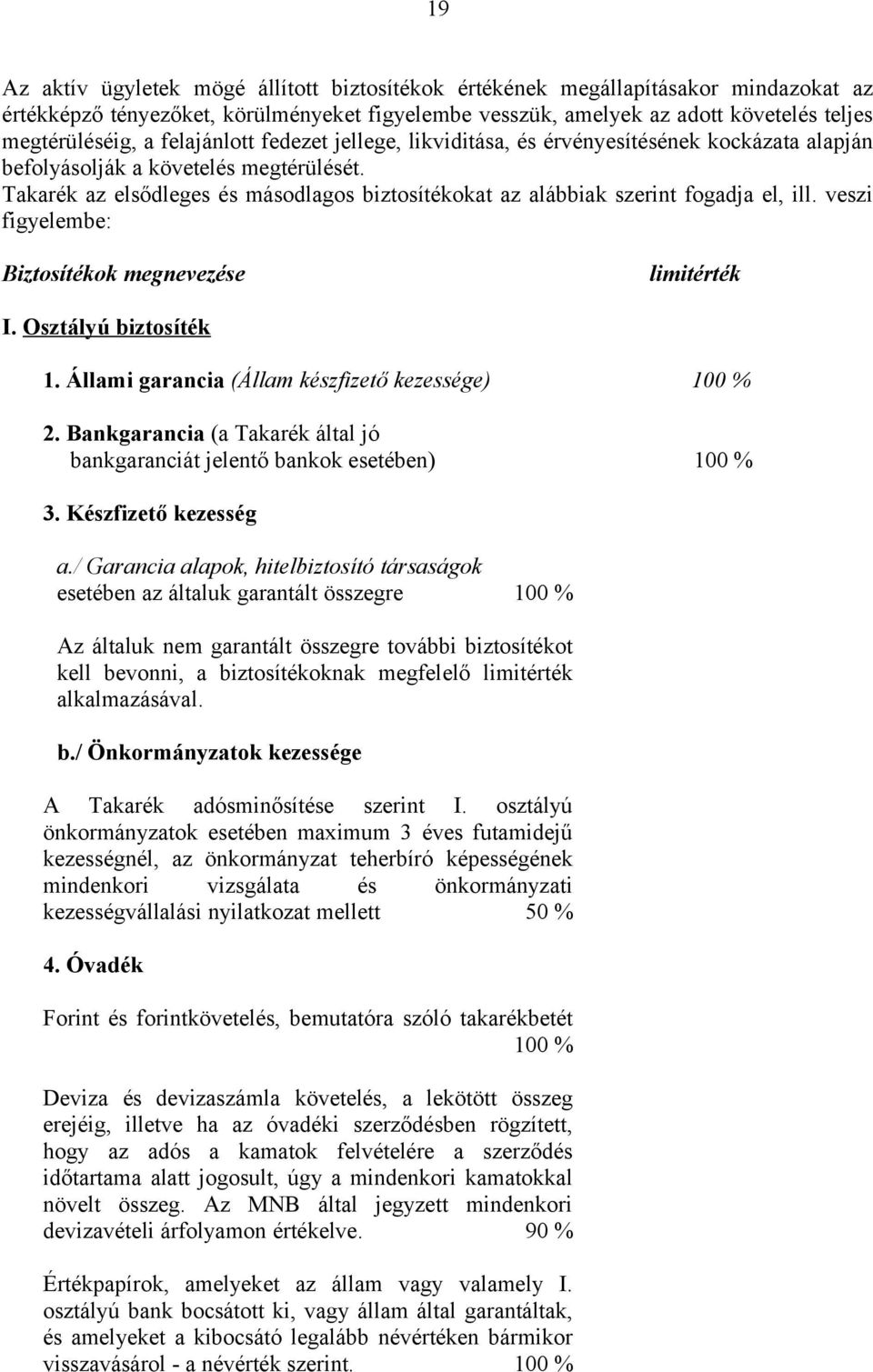 Takarék az elsődleges és másodlagos biztosítékokat az alábbiak szerint fogadja el, ill. veszi figyelembe: Biztosítékok megnevezése limitérték I. Osztályú biztosíték 1.