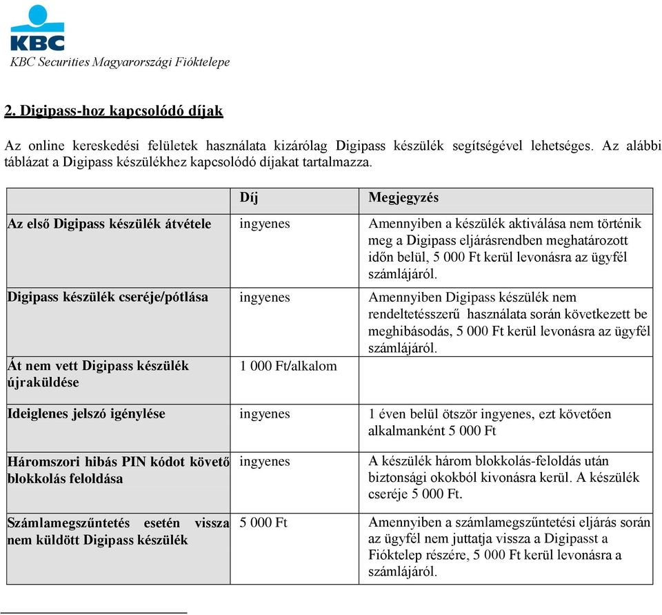 Díj Megjegyzés Az első Digipass készülék átvétele ingyenes Amennyiben a készülék aktiválása nem történik meg a Digipass eljárásrendben meghatározott időn belül, 5 000 Ft kerül levonásra az ügyfél