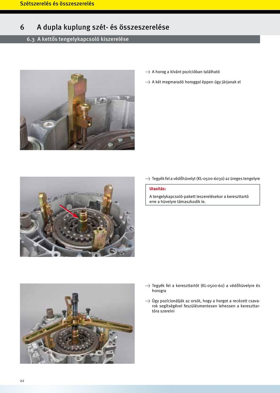 Tegyék fel a védőhüvelyt (KL-0500-6030) az üreges tengelyre A tengelykapcsoló-pakett leszerelésekor a kereszttartó erre a