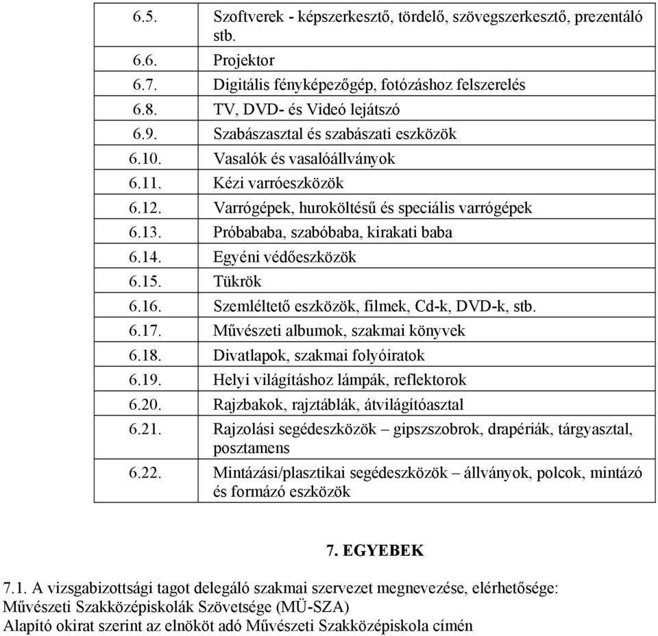 Egyéni védőeszközök 6.15. Tükrök 6.16. Szemléltető eszközök, filmek, Cd-k, DVD-k, stb. 6.17. Művészeti albumok, szakmai könyvek 6.18. Divatlapok, szakmai folyóiratok 6.19.