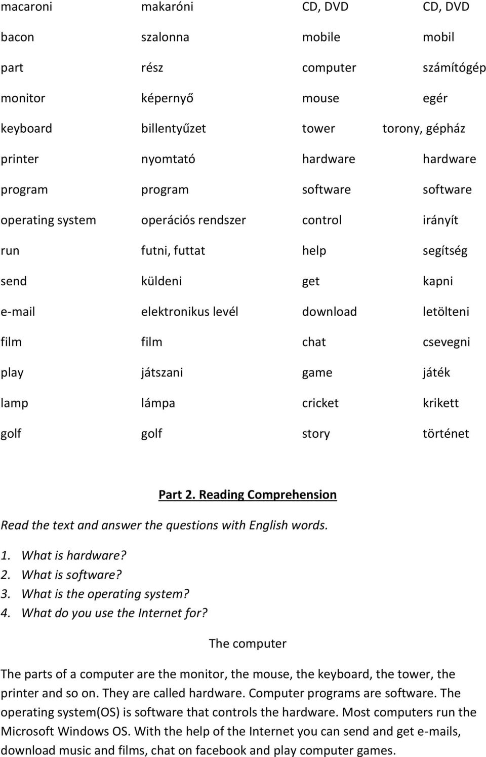 chat csevegni play játszani game játék lamp lámpa cricket krikett golf golf story történet Part 2. Reading Comprehension Read the text and answer the questions with English words. 1. What is hardware?