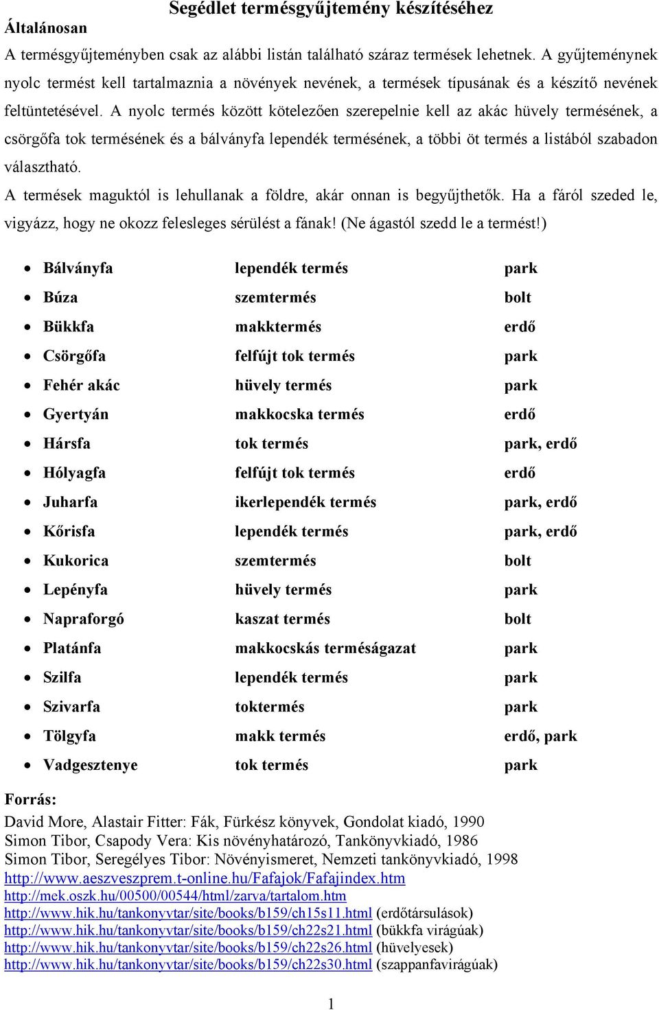 A nyolc termés között kötelezően szerepelnie kell az akác hüvely termésének, a csörgőfa tok termésének és a bálványfa lependék termésének, a többi öt termés a listából szabadon választható.