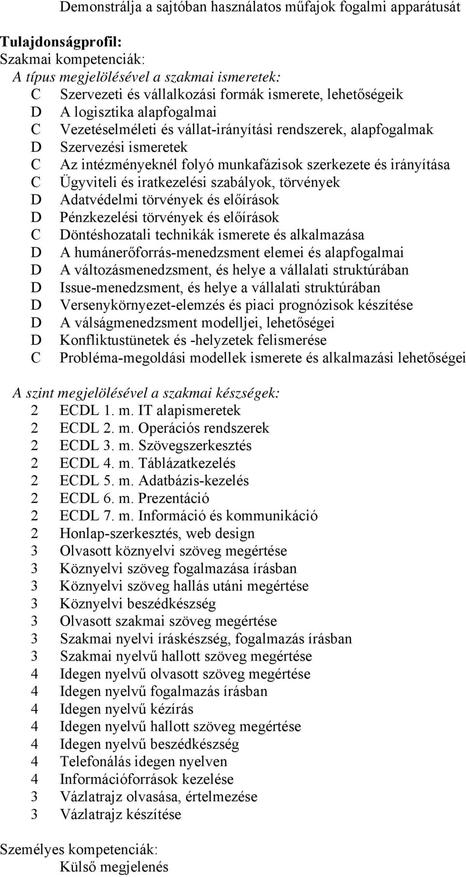 Ügyviteli és iratkezelési szabályok, törvények D Adatvédelmi törvények és előírások D Pénzkezelési törvények és előírások C Döntéshozatali technikák ismerete és alkalmazása D A